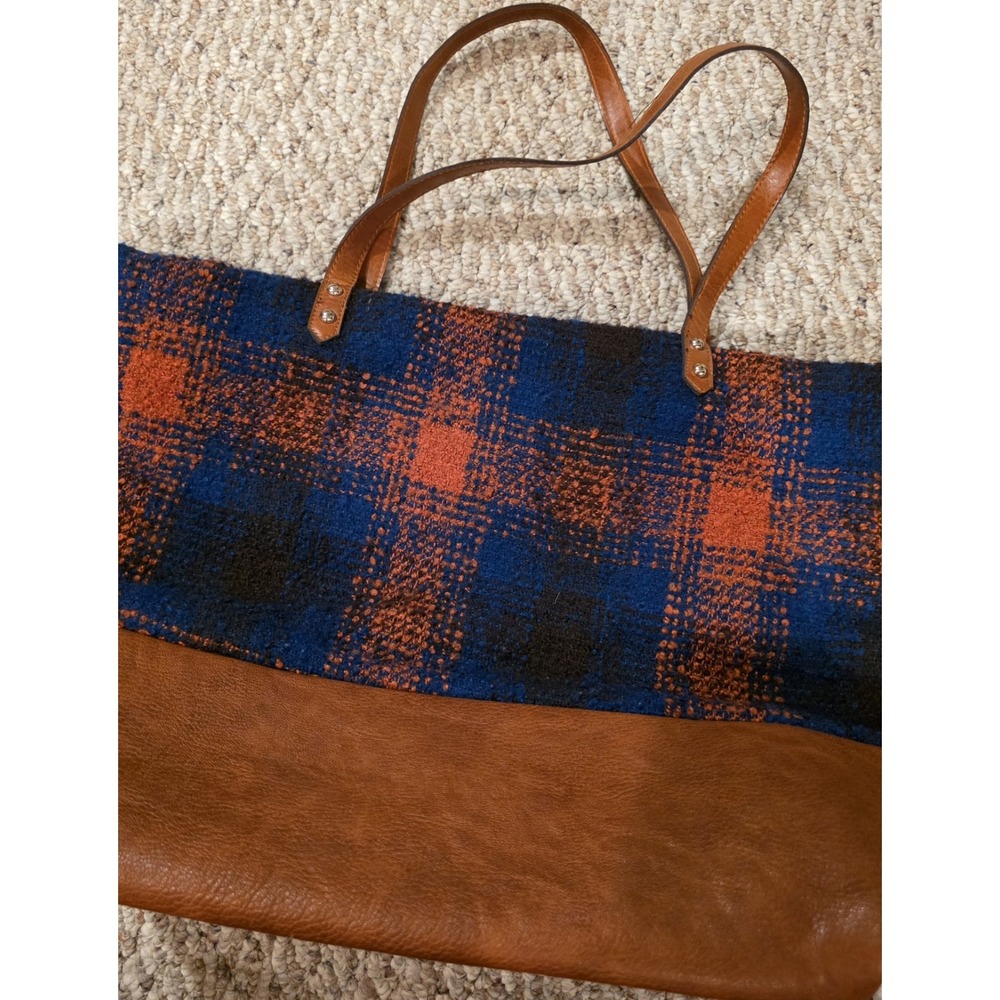 Street Level Two Tone Plaid Tote Vegan Leather Bag Blue, Orange‎ And Brown